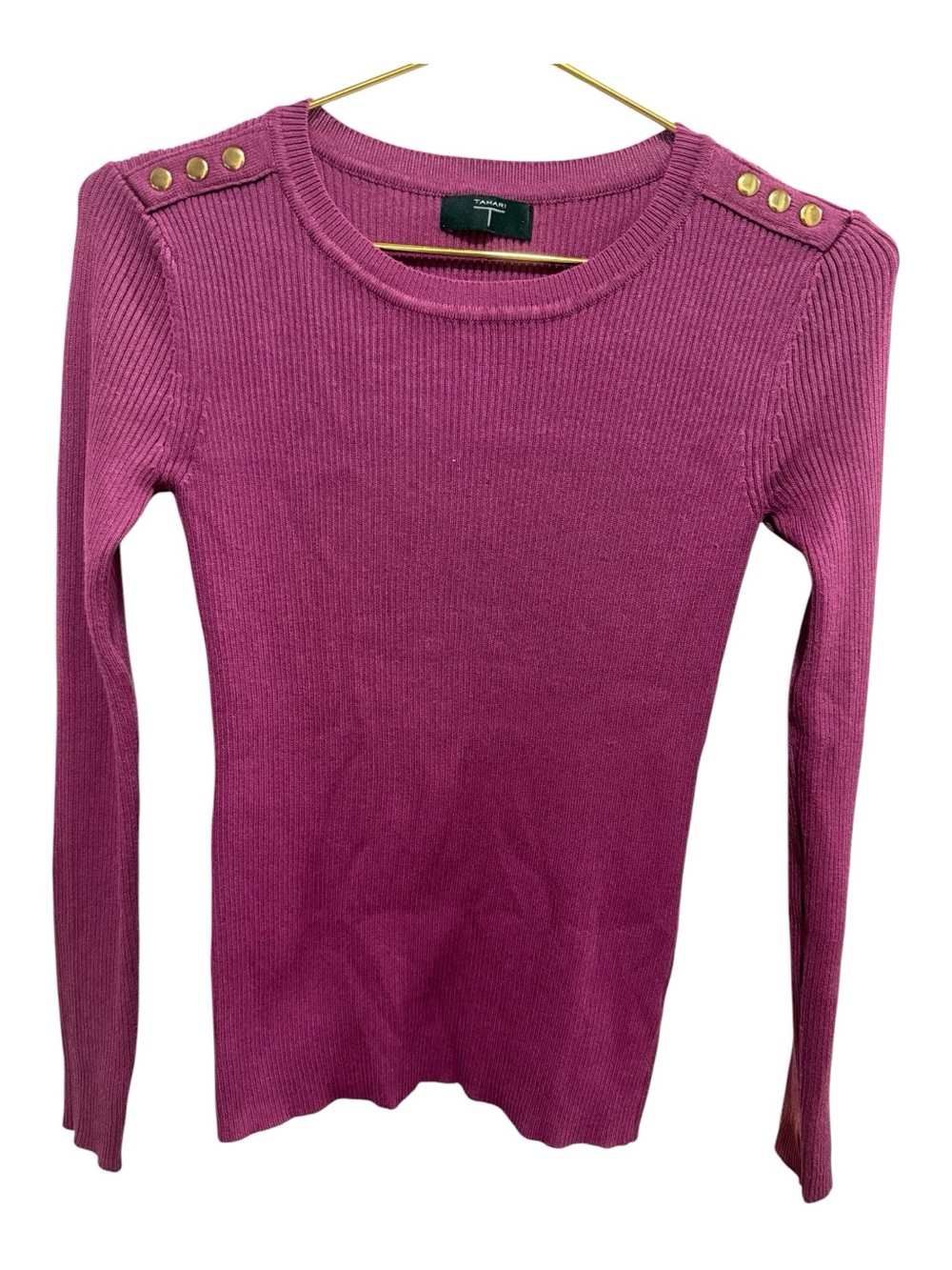 Tahari Magenta Ribbed Crewneck Sweater with Gold Shoulder Buttons